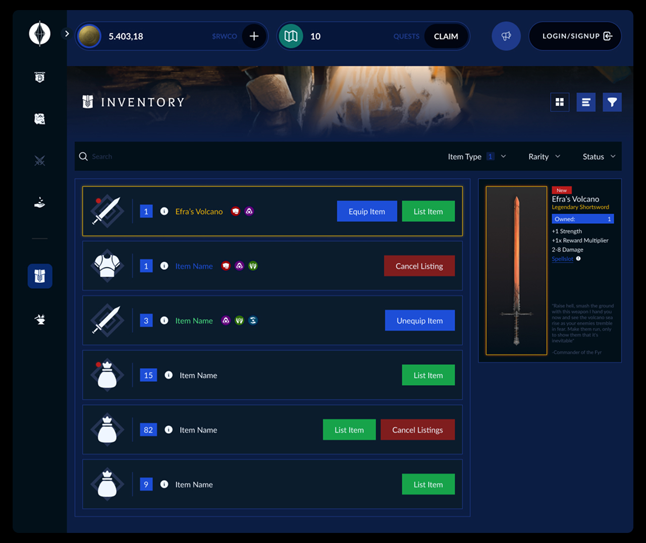Ring worlds Web Application Inventory Screen