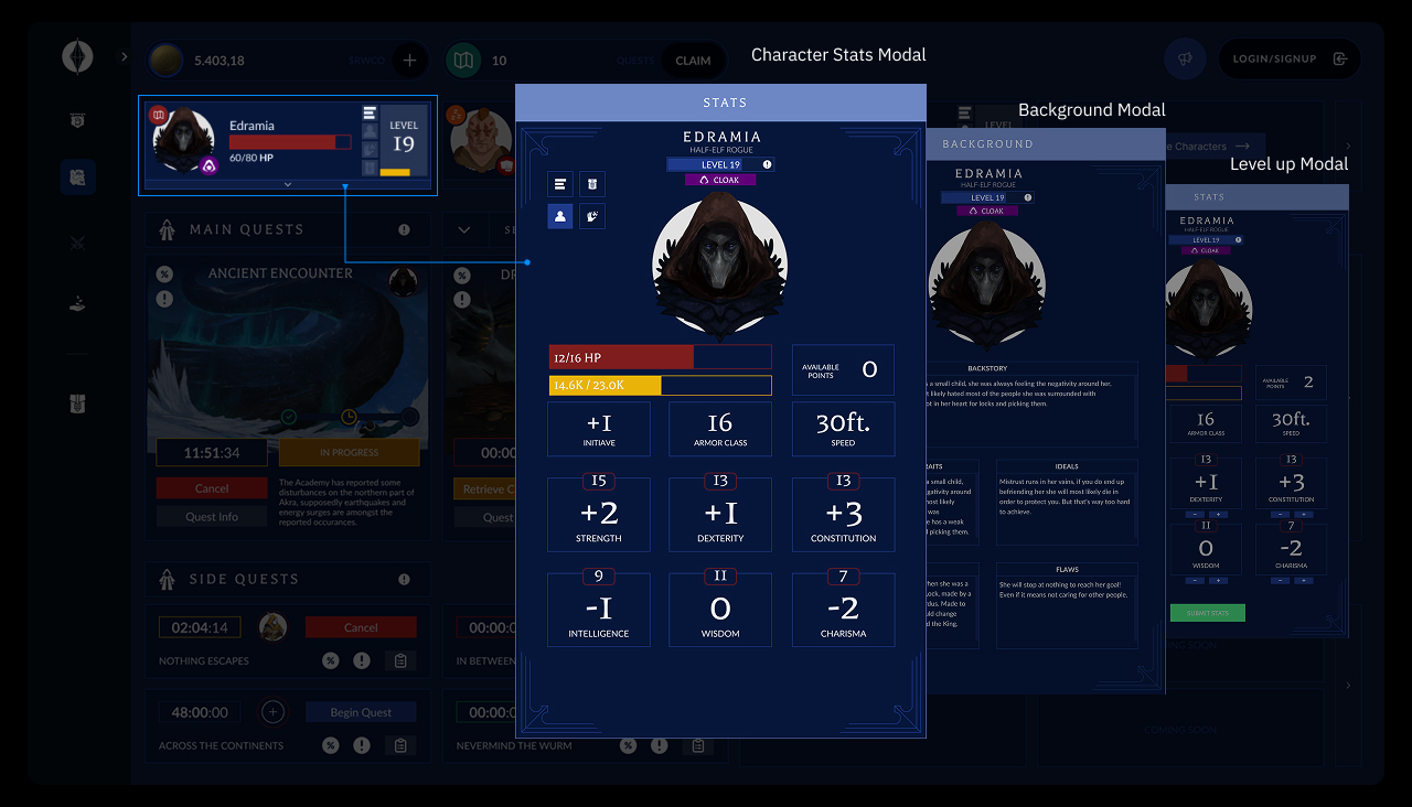 Ring worlds Web Application Character Screen