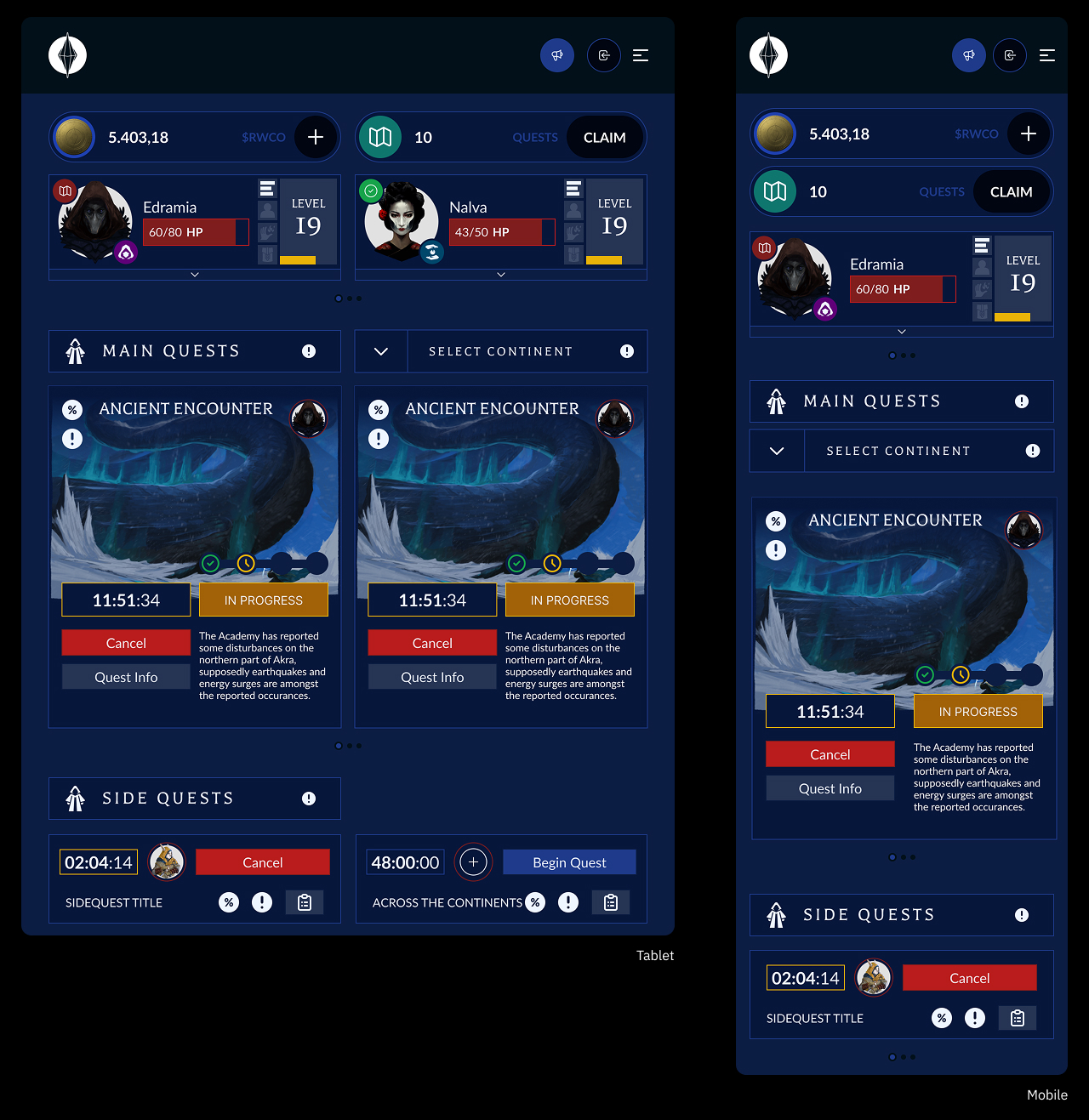 Ring worlds Web Application Questboard for Mobile and Tablet